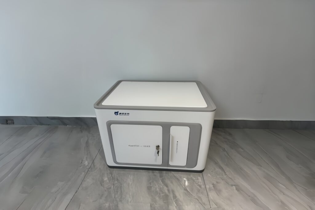 Front view of the biological detection instrument enclosure manufacturing showing flawless dual-color powder coating.