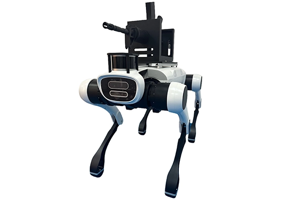 Angled profile of a custom military robot dog prototype built for tactical defense applications.