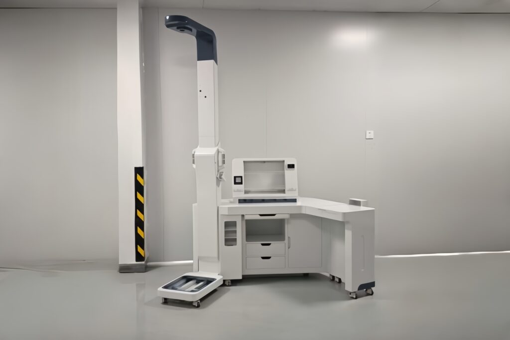 Custom health checkup kiosk enclosure front view showing seamless ABS plastic panels and structural integrity.