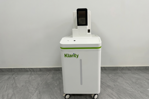 Finished medical equipment cart enclosure with matte powder coating and integrated display support.