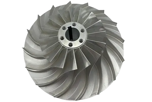 Precision aluminum impeller manufactured using simultaneous 5-axis CNC machining from solid aluminum billet