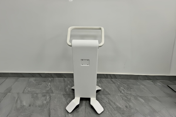 Side profile of the vertical medical equipment support cart showing the seamless U-shape aluminum armrest.
