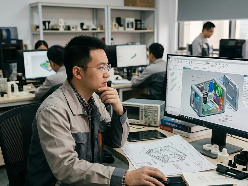 Engineer reviewing a medical enclosure CAD design