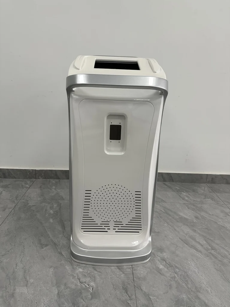 High-gloss white medical device enclosure with aluminum trim