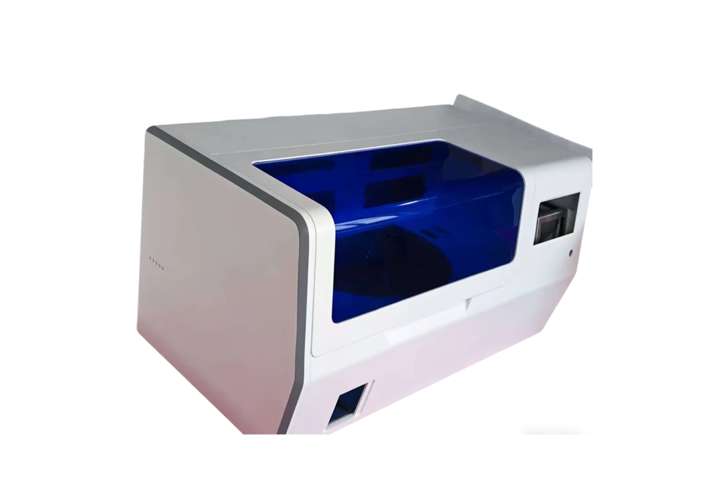 Blue acrylic viewing window installed in an automatic laboratory equipment enclosure