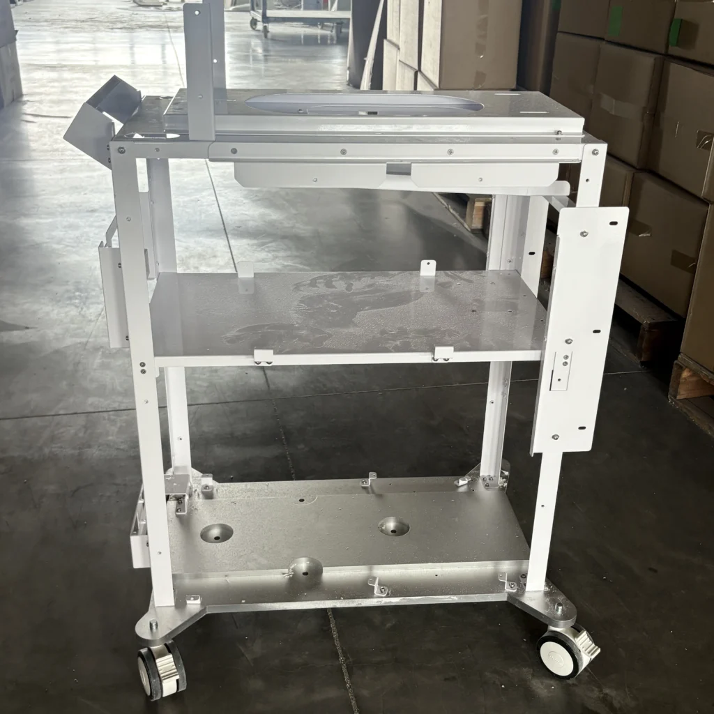 custom medical device cart frame with three sheet metal platforms