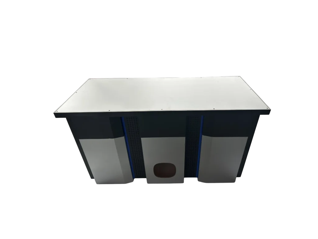 Quantum computer enclosure with central observation window and ventilation grilles