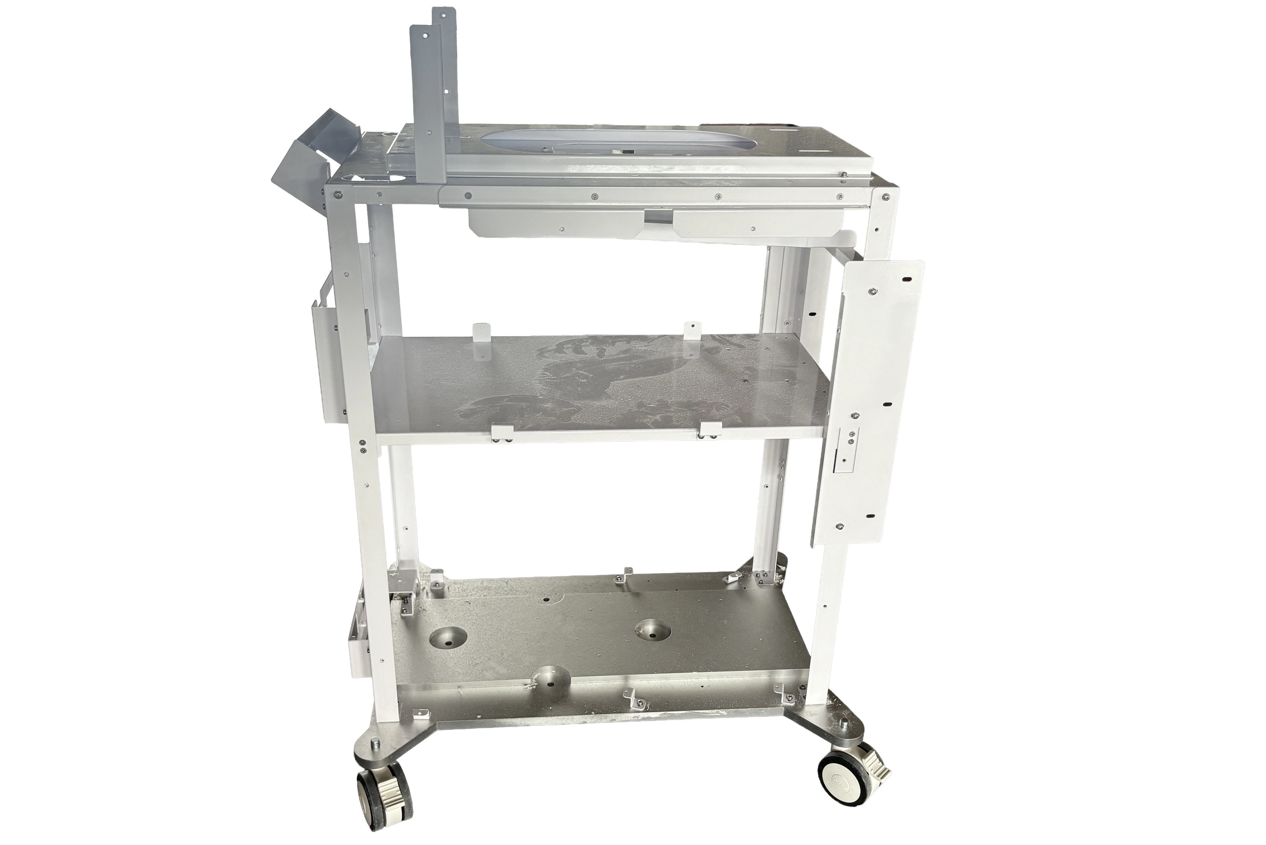 three-level medical equipment cart frame with mounting holes and cable openings